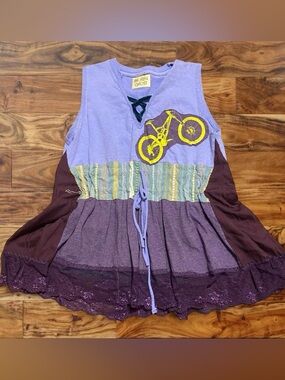 Lavender Patchwork Sleeveless Tank Top with Yellow Bike Detail